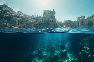 il mistico affondata città un' mezzo sommerso Visualizza di atlantis nel cristallo blu acque ai generato foto