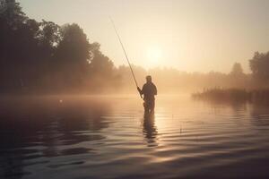 pesca a alba pescatore nel il nebbioso lago con pesca asta ai generato foto