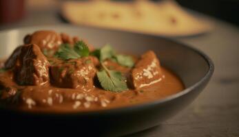 frizzante burro pollo, aromatico indiano piatto, cottura a vapore su buio sfondo ai generato foto