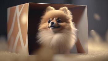 volpino cane meditando il suo confezionato posizionamento nel un' pacchetto ai generato foto