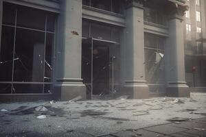 desolato conseguenze di un' banca correre distrutto bicchiere e detriti su il vuoto strada ai generato foto