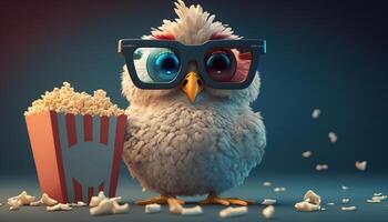 eccitato pollo con 3d bicchieri e Popcorn pronto per un' film notte ai generato foto