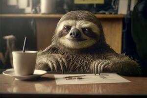 adorabile bradipo godendo un' caffè rompere nel un' tazza a il ufficio scrivania ai generato foto