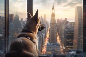 brama visualizzazioni un' cane guardando su di un' grattacielo finestra su un' vivace paesaggio urbano ai generato foto