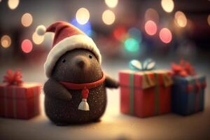 adorabile Talpa con Natale cappello e presente un' bokeh vacanza diletto ai generato foto