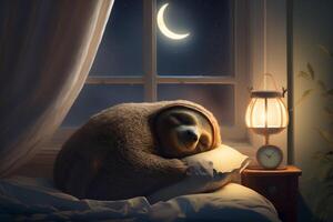contento e stanco bradipo dorme nel un' letto con cuscino finestra e Luna ai generato foto