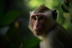 minuscolo scimmia esplorando lussureggiante foresta pluviale fogliame ai generato foto
