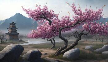 sereno Cinese paesaggio con rosa fioritura pesca albero ai generato foto