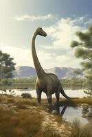 grazioso giganti roaming il preistorico regno realistico illustrazione in mostra il diplodocus nel un' sereno preistorico paesaggio ai generato foto