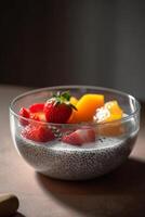 salutare prima colazione ciotola con chia seme budino e fresco frutta ai generato foto