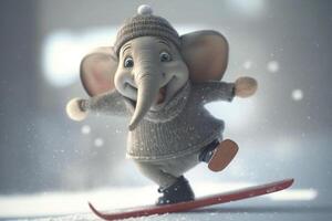 adorabile poco elefante triturazione neve su un' Snowboard ai generato foto