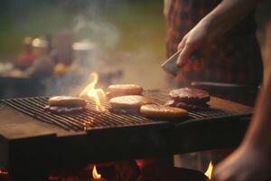 frizzante caldo avvicinamento di Aperto fiamma bbq a campeggio luogo ai generato foto