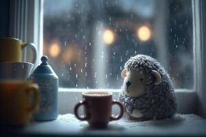 accogliente pecora sorseggiando caldo bevanda di nevoso finestra nel inverno Paese delle meraviglie ai generato foto