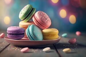 colorato francese macarons - un' delizioso trattare per il sensi ai generato foto