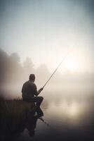 pesca a alba pescatore nel il nebbioso lago con pesca asta ai generato foto