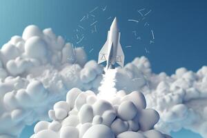 bianca razzo modello volante attraverso nuvoloso blu cieli come un' simbolo di avviare successo e innovazione ai generato foto