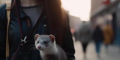 urbano avventura un' giovane donna assunzione sua furetto per un' camminare nel il città ai generato foto