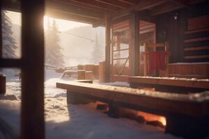 presto mattina sauna nel nevoso montagna ostello con illuminata dal sole finestre e Alba ai generato foto