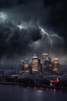 finanziario tempesta città orizzonte durante banca correre con tuono e fulmine ai generato foto
