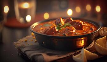 piccante pollo tikka masala - un' classico indiano piatto cottura a vapore contro un' buio fondale ai generato foto