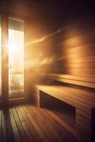 sereno sauna oasi caldo di legno interno bagnata nel luce del sole ai generato foto