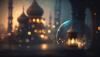 miniatura indiano palazzo nel un' bicchiere globo con un' sfocato paesaggio urbano nel il sfondo a alba ai generato foto