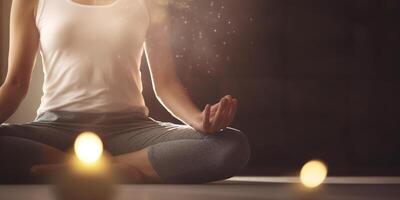 scoperta pace entro donna Meditare nel a gambe incrociate yoga posa ai generato foto