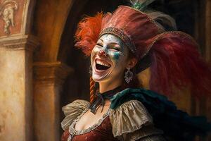 festeggiare carnevale nel Venezia persone nel festivo maschere e costumi ai generato foto