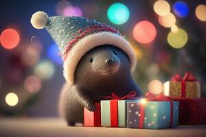 adorabile Talpa con Natale cappello e presente un' bokeh vacanza diletto ai generato foto