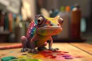 il colorato camaleonte un' creativo artista nel il suo studio circondato di vernici e tele ai generato foto