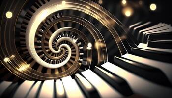 musicale vortice un astratto composizione di pianoforte chiavi che rappresentano suono onde ai generato foto