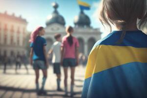 ucraino sventola bandiera bambini a pubblico piazze un' simbolo di la libertà ai generato foto