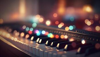 bokeh luci e sfocato colori su avvicinamento pianoforte chiavi ai generato foto