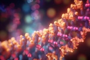 astratto 3d illustrazione di proteina biosintesi processi nel microscopico scala con vivace colori ai generato foto