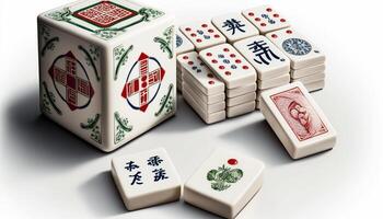 isolato Cinese mahjong gioco impostato su bianca sfondo con bambù piastrelle e dado ai generato foto