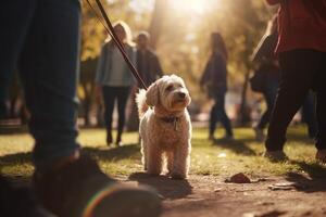 un' soleggiato giorno passeggiare nel il parco con dell'uomo migliore amico ai generato foto