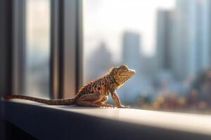 urbano lucertola guardando a grattacieli a partire dal finestra ai generato foto