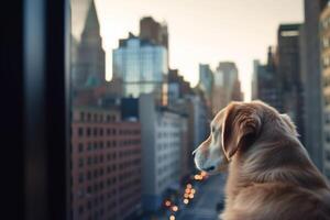 brama visualizzazioni un' cane guardando su di un' grattacielo finestra su un' vivace paesaggio urbano ai generato foto