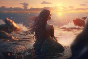 sirena guardando su per mare a partire dal roccioso costa a tramonto ai generato foto