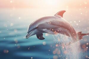 grazioso salto un' delfino salto su di il acqua nel un' spruzzo di blu ai generato foto