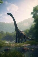 grazioso giganti roaming il preistorico regno realistico illustrazione in mostra il diplodocus nel un' sereno preistorico paesaggio ai generato foto