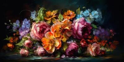 vivace mazzo un' pittura di colorato fiori contro un' buio sfondo ai generato foto