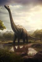 maestoso giganti di il preistorico mondo un' realistico illustrazione in mostra il brachiosauro nel un incantevole preistorico paesaggio ai generato foto