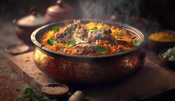 assaporare il aroma e gusto di India con biryani un' delizioso piatto servito fumante contro un' buio sfondo ai generato foto