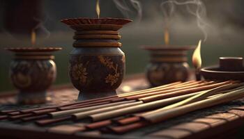 aromatico incenso bastoni nel un' tradizionale Cinese ambientazione ai generato foto