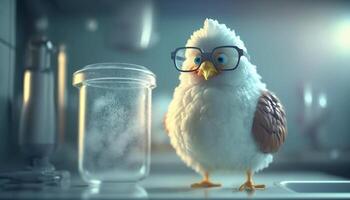 il scienziato gallina con bicchieri e test tubo nel laboratorio ai generato foto