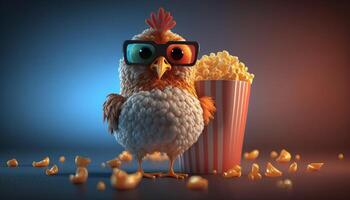 eccitato pollo con 3d bicchieri e Popcorn pronto per un' film notte ai generato foto