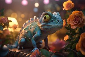 colorato camaleonte godendo il fiore giardino scenario ai generato foto