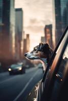 curioso cane assunzione nel il paesaggio urbano a partire dal auto finestra ai generato foto