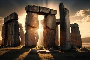 illustrazione Stonehenge con tramonto preistorico monumento ai generato foto